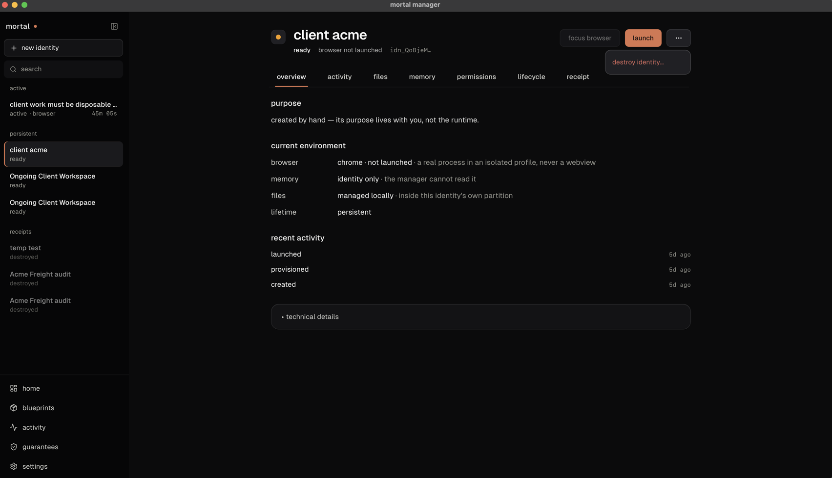 the manager, an identity's overview with destroy behind a menu · real capture